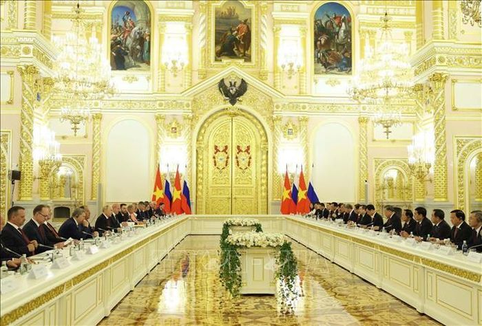 Tổng Bí thư, Chủ tịch nước Tô Lâm hội đàm chính thức với Tổng thống Liên bang Nga Vladimir Putin. Ảnh: Thống Nhất/TTXVN