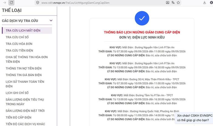 Lịch ngừng cấp điện tại Cần Thơ ngày mai 10/9 được cập lúc 8h46 ngày 9/9 tại website của EVNSPC. Ảnh: BNEWS phát