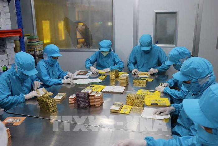 Nhân viên Công ty Trách nhiệm hữu hạn ca cao Xuân Ron Chợ Gạo tại xã Bình Ninh, tỉnh Đồng Tháp đóng gói sản phẩm. Ảnh: Hữu Chí - TTXVN