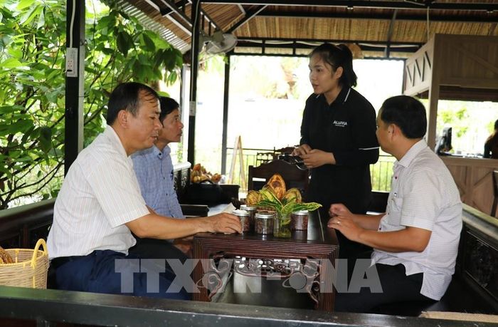 Ông Trần Hoàng Nhật Nam (trái), Bí thư Đảng ủy xã Bình Ninh, tỉnh Đồng Tháp, nghe Công ty Trách nhiệm hữu hạn ca cao Xuân Ron Chợ Gạo thuyết minh về mô hình trồng ca cao kết hợp du lịch. Ảnh: Hữu Chí - TTXVN