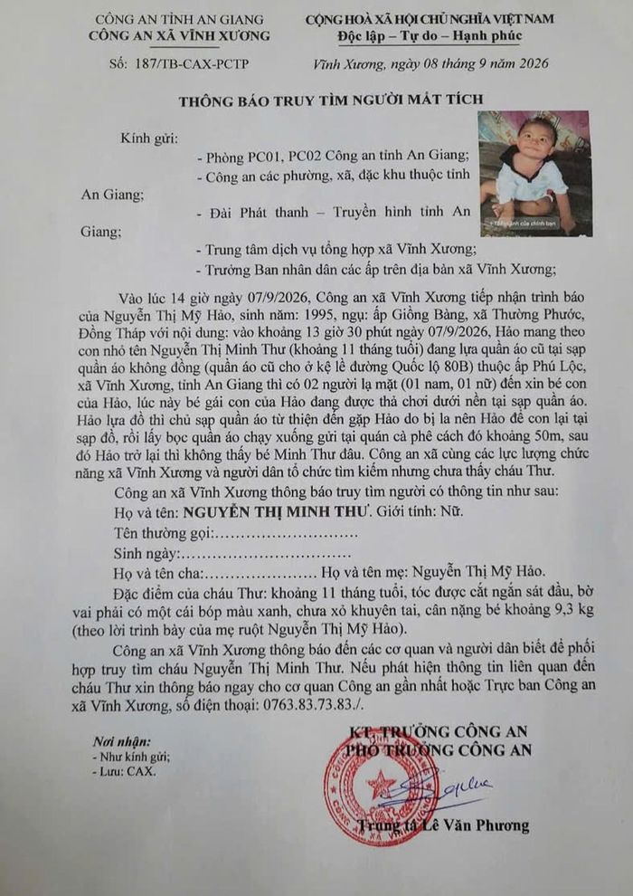 Thông báo của Công an xã Vĩnh Xương truy tìm bé Nguyễn Thị Minh Thư. Ảnh: CACC
