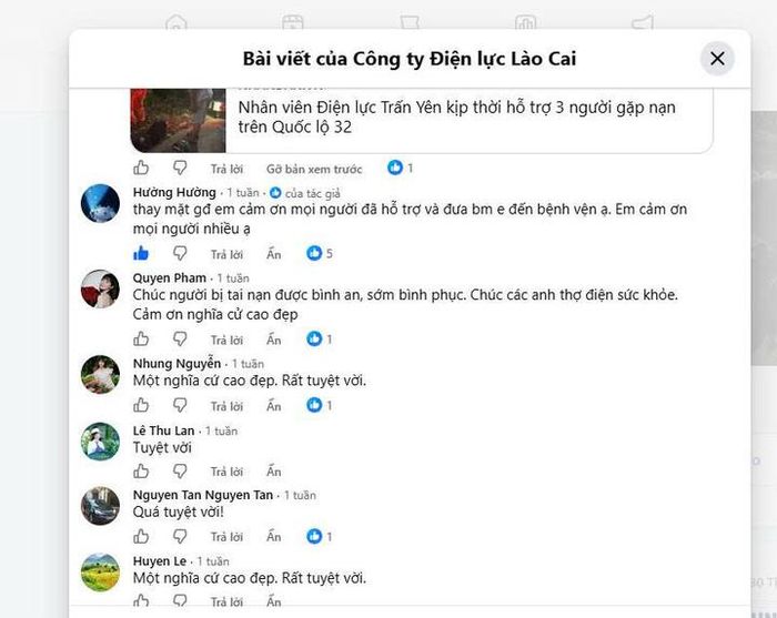 Phản hồi của gia đình người bị nạn cùng các bình luận tích cực từ cộng đồng mạng trước nghĩa cử cao đẹp của nhân viên Điện lực Lào Cai.