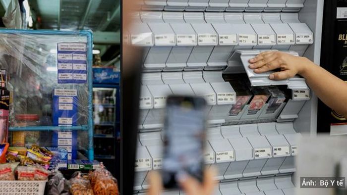 Danh mục giá và kệ thuốc lá có nắp che tự đóng tại các cửa hàng bán lẻ của Thái Lan.