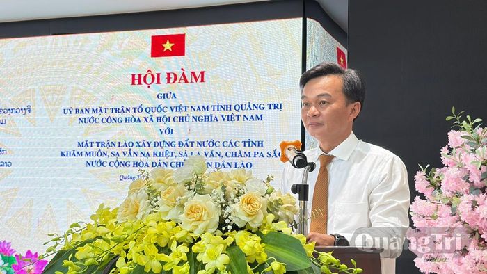 Đồng chí Nguyễn Chiến Thắng, Phó Bí thư Tỉnh ủy, Bí thư Đảng ủy MTTQ, các đoàn thể tỉnh, Chủ tịch Ủy ban MTTQ Việt Nam tỉnh phát biểu tại buổi hội đàm - Ảnh: N.L