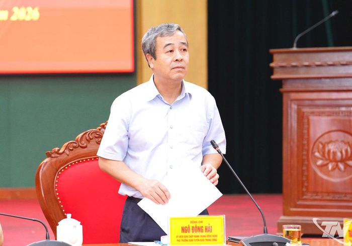 Đồng chí Ngô Đông Hải, Ủy viên Trung ương Đảng, Phó Trưởng Ban Tuyên giáo Trung ương, Ủy viên Thường trực Ban Chỉ đạo 35 Trung ương, Trưởng Đoàn kiểm tra, phát biểu tại buổi làm việc.