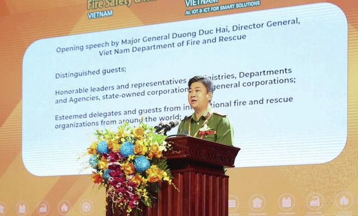 Thiếu tướng Dương Đức Hải, Cục trưởng Cục Cảnh sát PCCC và CNCH (C07), Bộ Công an phát biểu khai mạc