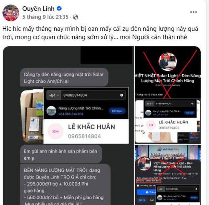 Quyền Linh lên tiếng khi hình ảnh bị sử dụng quảng cáo đèn năng lượng mặt trời. Ảnh chụp màn hình