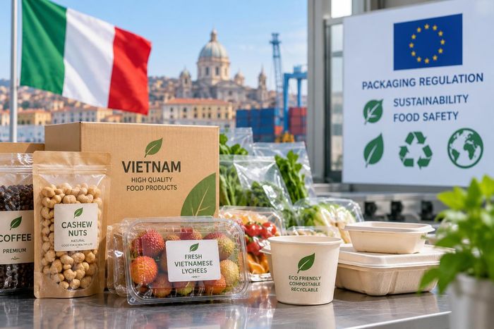 Doanh nghiệp xuất khẩu thực phẩm sang Italia cần chủ động rà soát vật liệu, chứng nhận và thiết kế bao bì để đáp ứng các yêu cầu môi trường mới. Ảnh minh họa AI.