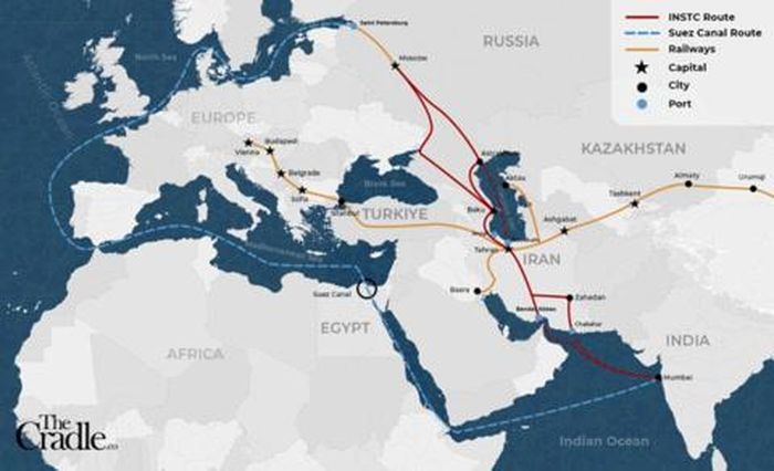 Bản đồ hành lang thương mại nối châu Âu - châu Á qua kênh đào Suez, Nga, Iran, Trung Á