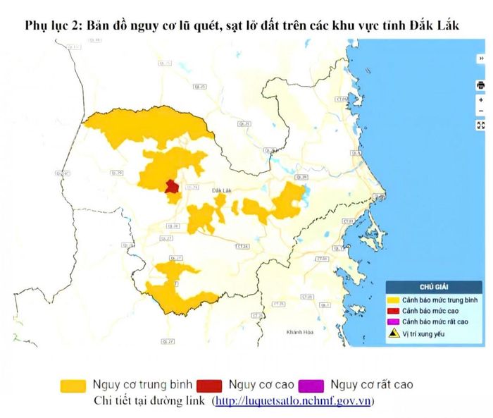  Đài Khí tượng Thủy văn tỉnh Đắk Lắk cảnh báo nguy cơ lũ quét, sạt lở đất, sụt lún đất tại 30 khu vực trong 6 giờ tới. 