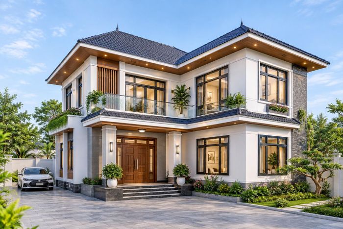 Mẫu nhà mái Nhật chữ L 2 tầng. (Ảnh minh họa: AI)