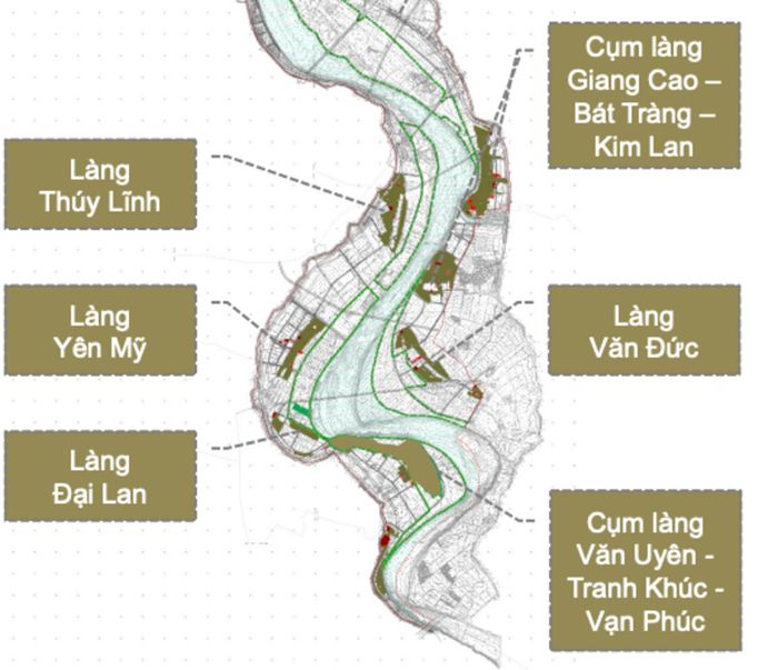 8 cụm làng thuộc diện cải tạo, chỉnh trang có chọn lọc gồm: Văn Quán - Đông Cao - Tráng Việt thuộc xã Mê Linh; Ngọc Giang - Lực Canh - Văn Tinh thuộc xã Vĩnh Thanh, Đông Anh; Bát Tràng - Giang Cao - Kim Lan thuộc xã Bát Tràng (di dời một phần khoảng 4,5 ha theo quy hoạch phòng chống lũ); Văn Đức thuộc xã Bát Tràng; Thúy Lĩnh thuộc phường Lĩnh Nam; Yên Mỹ thuộc xã Thanh Trì; Đại Lan thuộc xã Nam Phù; Tranh Khúc - Vạn Phúc thuộc xã Nam Phù.