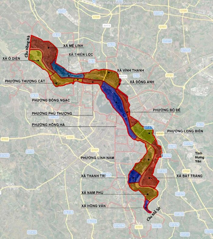 Phạm vi nghiên cứu trải dài 40 km theo hướng Tây Bắc - Đông Nam, đi giữa đô thị trung tâm, từ cầu Hồng Hà đến cầu Mễ Sở, thuộc địa giới hành chính của 9 xã và 7 phường ven sông Hồng.