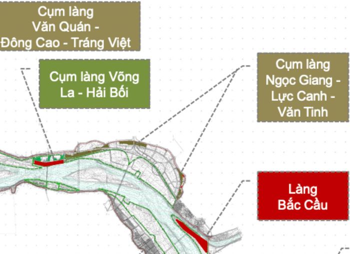 Hai cụm làng thuộc diện di dời theo Quyết định 257 ngày 18/2/2016 của Thủ tướng phê duyệt Quy hoạch phòng, chống lũ và quy hoạch đê điều hệ thống sông Hồng, sông Thái Bình là Võng La - Hải Bối thuộc xã Thiên Lộc, Vĩnh Thanh (khoảng 27 ha) và làng Bắc Cầu thuộc phường Bồ Đề (khoảng 35,5 ha). Cụm làng Võng La - Hải Bối sẽ được di dời một phần diện tích khu dân cư không đảm bảo điều kiện an toàn phòng chống lũ và khu vực nằm trong phạm vi xây dựng Trục đại lộ cảnh quan thuộc các thôn Võng La, Yên Hà, Hải Bối.