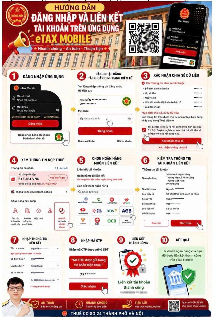 Hướng dẫn đăng nhập và liên kết tài khoản trên ứng dụng eTax Mobile.