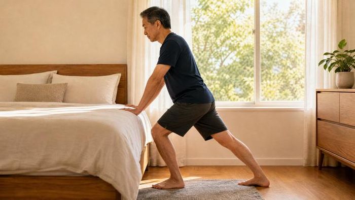 Tư thế kéo giãn bắp chân với tay chống thành giường. Ảnh minh họa AI.