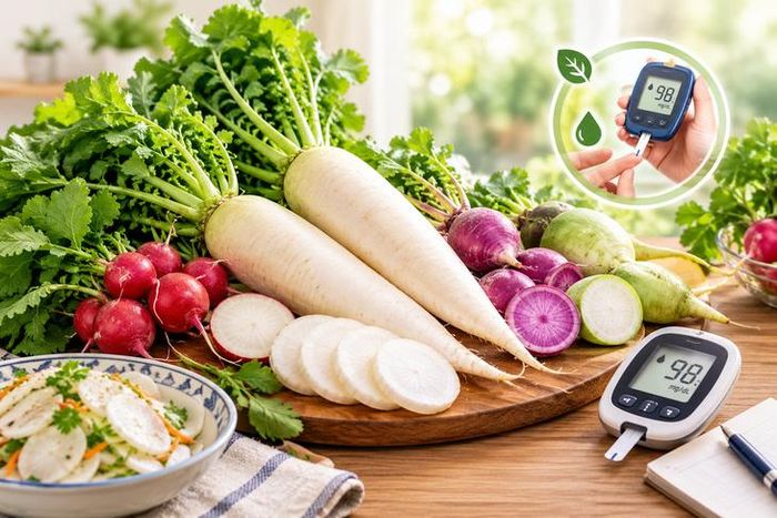 Củ cải có chỉ số đường huyết thấp, có lợi cho người đang quản lý bệnh đái tháo đường. Ảnh AI.