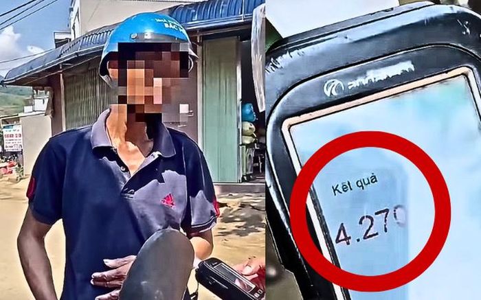 Một người đàn ông ở Sơn La bị phát hiện có nồng độ cồn 4,270 mg/l khí thở khi điều khiển xe mô tô. Điều đáng nói, trước đó người này đã uống rượu, bia trong nhiều ngày. (Ảnh Cục CSGT)