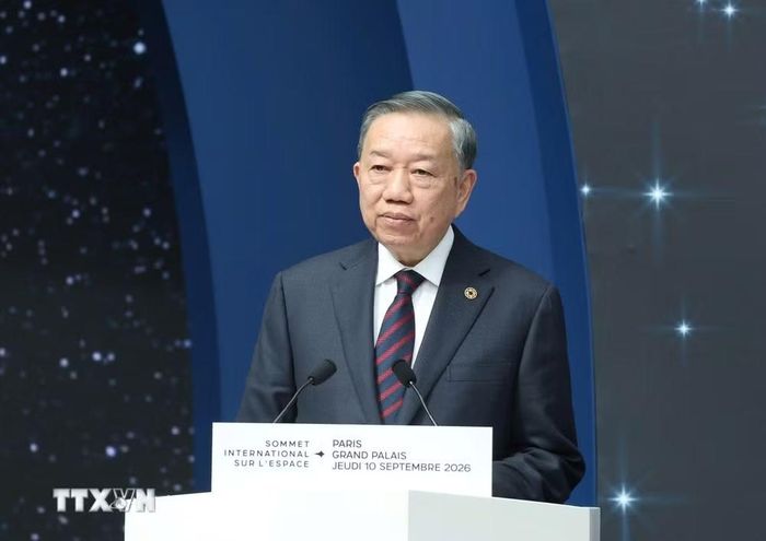 Tổng Bí thư, Chủ tịch nước Tô Lâm phát biểu tại Phiên chính thức Hội nghị Thượng đỉnh Không gian vũ trụ. (Ảnh: Thống Nhất/TTXVN)