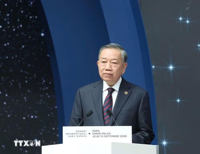 Tổng Bí thư, Chủ tịch nước Tô Lâm phát biểu tại Phiên chính thức Hội nghị Thượng đỉnh Không gian vũ trụ. (Ảnh: Thống Nhất/TTXVN)