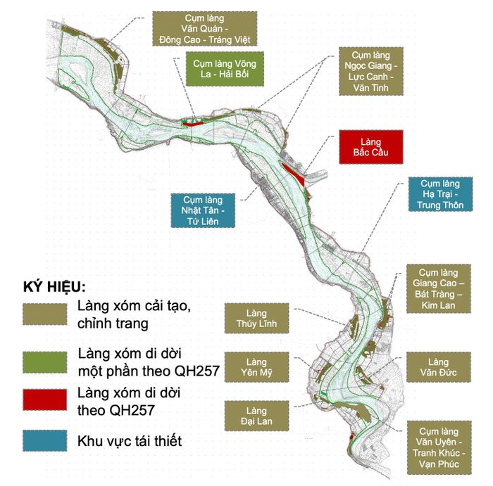 Bản đồ các cụm làng lâu đời, làng nghề, làng nghề truyền thống thuộc quy hoạch khu đô thị sông Hồng. Ảnh: UBND TP Hà Nội.