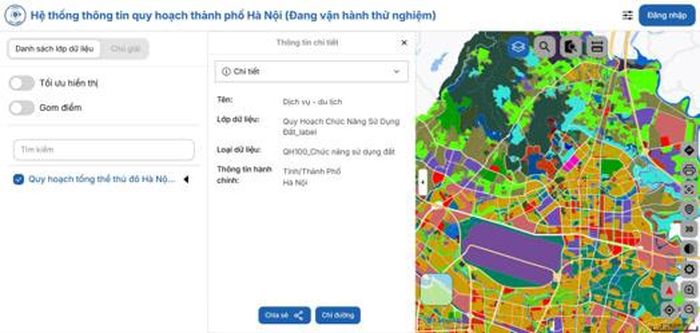 Bảng hiển thị chức năng sử dụng đất chi tiết của khoanh đất chọn trên cổng thông tin thành phố.