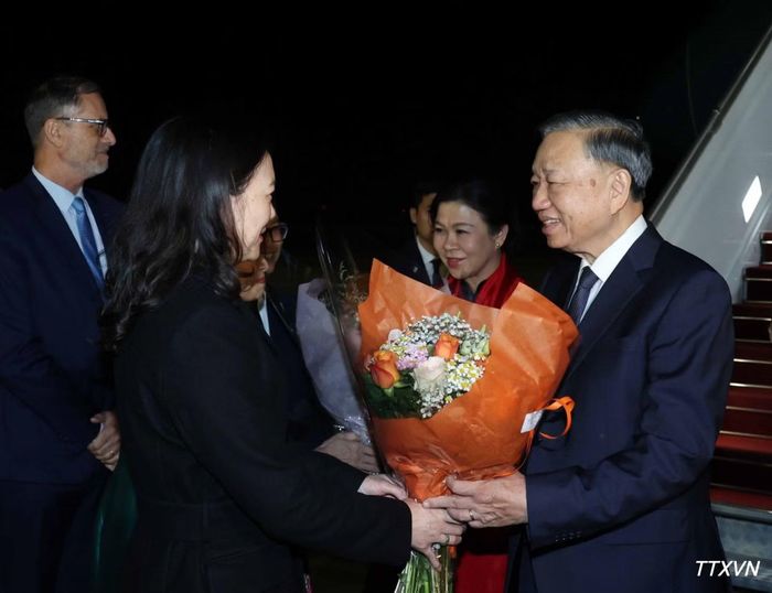 Đại biểu đón Tổng Bí thư, Chủ tịch nước Tô Lâm và Phu nhân tại sân bay Orly, Paris. (Ảnh: Thống Nhất/TTXVN)