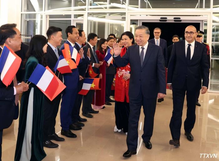 Cán bộ, nhân viên Đại sứ quán và cộng đồng người Việt Nam tại Pháp đón Tổng Bí thư, Chủ tịch nước Tô Lâm và Phu nhân. (Ảnh: Thống Nhất/TTXVN)