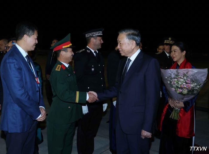Cán bộ, nhân viên Đại sứ quán Việt Nam tại Pháp đón Tổng Bí thư, Chủ tịch nước Tô Lâm và Phu nhân tại sân bay Orly, Paris. (Ảnh: Thống Nhất/TTXVN)