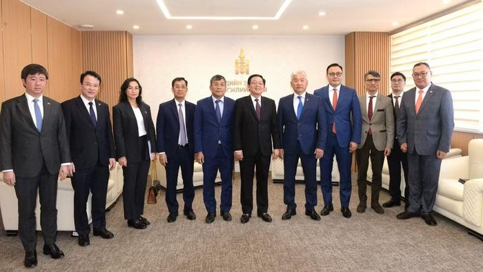 Phó Thủ tướng Chính phủ Hồ Quốc Dũng và Phó Thủ tướng Thường trực, Bộ trưởng Kinh tế và Phát triển Mông Cổ Jadamba Enkhbayar chụp ảnh cùng các thành viên dự buổi làm việc.