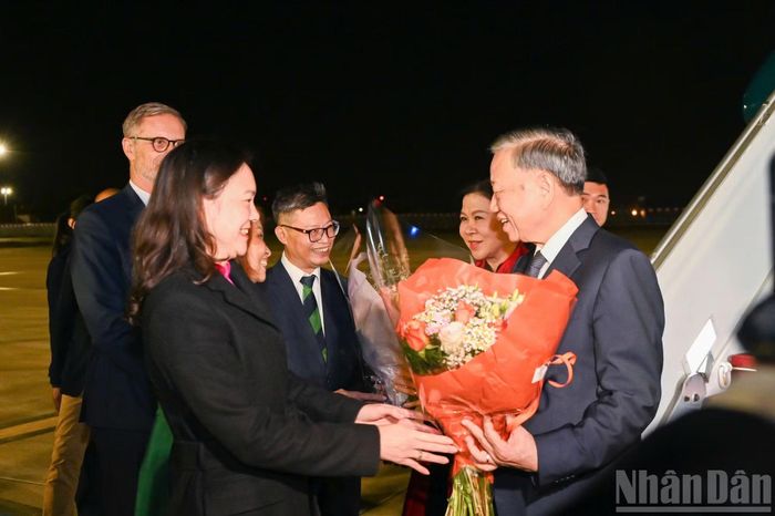 Đại biểu đón Tổng Bí thư, Chủ tịch nước Tô Lâm và Phu nhân tại sân bay Orly.