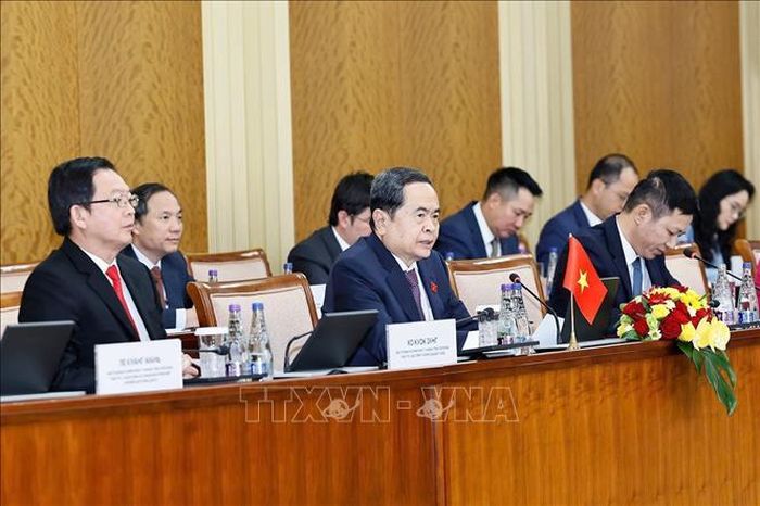  Chủ tịch Quốc hội Trần Thanh Mẫn phát biểu tại cuộc hội đàm. Ảnh: TTXVN