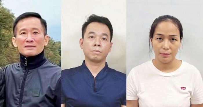  Từ trái sang các bị can, gồm: Bùi Chân Phương, Hà Văn Nam và Trần Thị Hồng Hạnh. Ảnh: BỘ CÔNG AN 