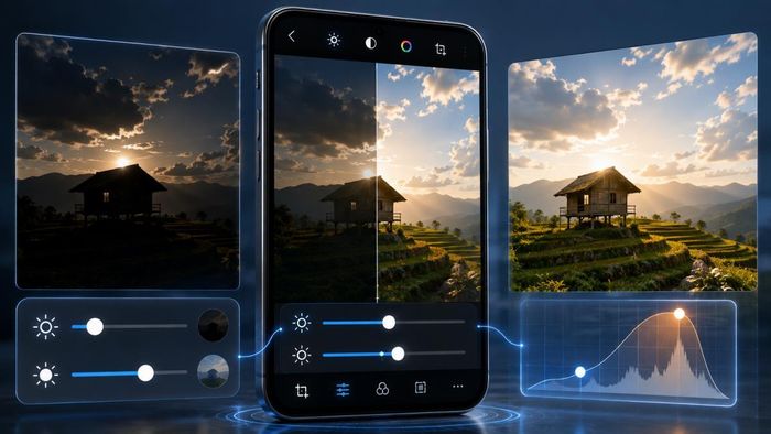 Quy trình phối hợp điều chỉnh thanh trượt vùng sáng và vùng tối trên ứng dụng nhằm làm sáng rõ nét mặt chủ thể bị ngược sáng mà vẫn bảo toàn chi tiết mây trời phía sau. Đồ hoạ: Thái Bình