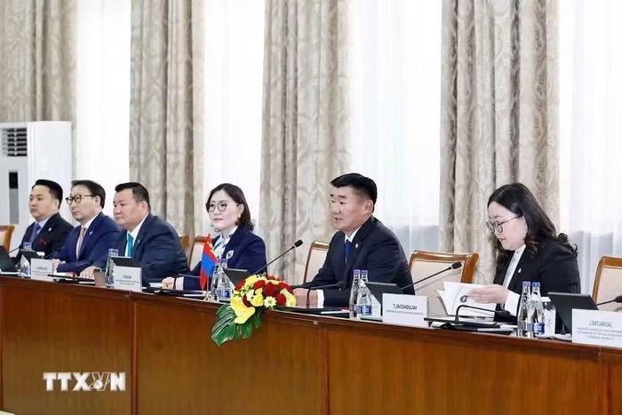 Chủ tịch Quốc hội Mông Cổ Sandag Byambatsogt phát biểu tại cuộc hội đàm. (Ảnh: Doãn Tấn/TTXVN)