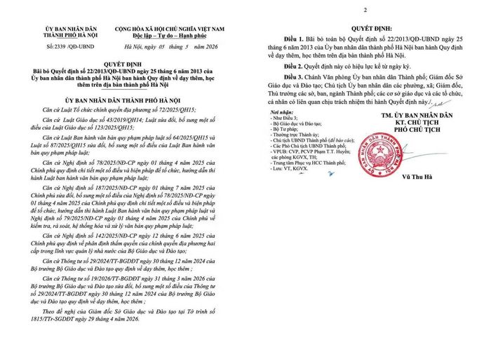 Ngày 5/5/2026, bà Vũ Thu Hà - Phó Chủ tịch UBND TP Hà Nội đã ký Quyết định số 2339/QĐ-UBND bãi bỏ toàn bộ Quyết định 22/2013/QĐ-UBND ngày 25/6/2013 của UBND TP Hà Nội.