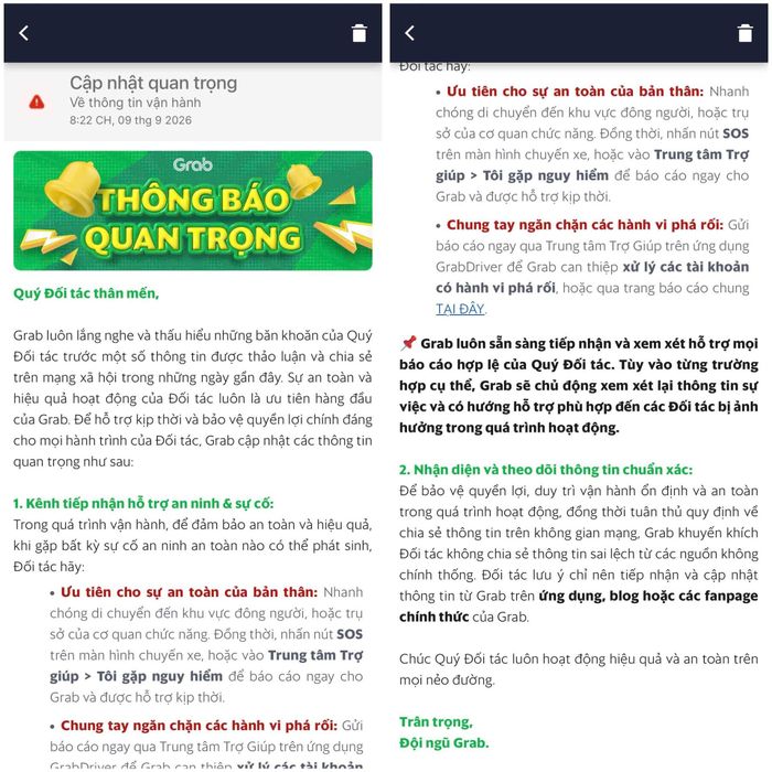 Thông báo từ Grab gửi tới đối tác tài xế trong ngày 9/9. Ảnh: Tài xế Grab cung cấp