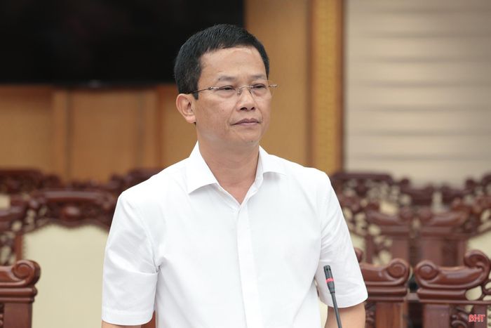 Đồng chí Nguyễn Trọng Hiếu - Ủy viên BTV Tỉnh ủy, Phó Chủ tịch UBND tỉnh báo cáo các nội dung về các dự án đầu tư và kết quả thí điểm điện mặt trời trên kênh thủy lợi Ngàn Trươi - Cẩm Trang.