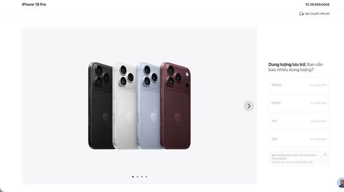 Giá bán các phiên bản iPhone 18 Pro và iPhone 18 Pro Max trên website Apple Việt Nam.