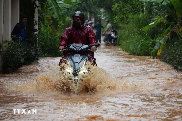 Người dân phường Phước Tân, thành phố Đồng Nai cố băng qua dòng nước lũ sông Buông để trở về nhà. (Ảnh: Lê Xuân/TTXVN)