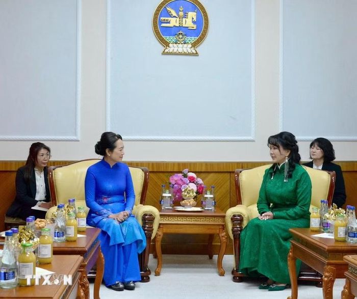 Phu nhân Chủ tịch Quốc hội Trần Thanh Mẫn-bà Nguyễn Thị Thanh Nga gặp Phu nhân Chủ tịch Quốc hội Mông Cổ Gantsetseg Tsendsuren. (Ảnh: TTXVN phát)