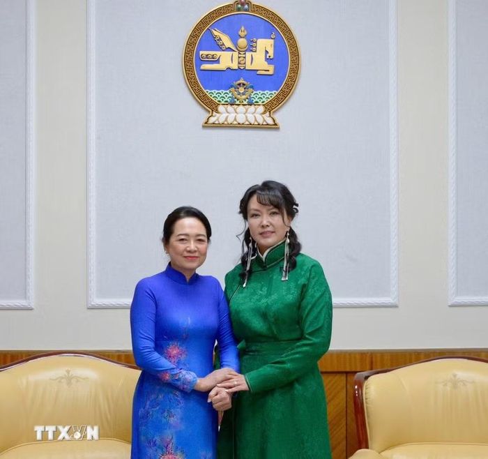 Phu nhân Chủ tịch Quốc hội Trần Thanh Mẫn - bà Nguyễn Thị Thanh Nga gặp Phu nhân Chủ tịch Quốc hội Mông Cổ Gantsetseg Tsendsuren. (Ảnh: TTXVN phát)