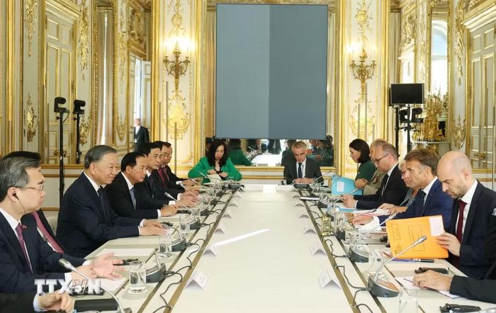 Tổng Bí thư, Chủ tịch nước Tô Lâm và Tổng thống Pháp Emmanuel Macron hội đàm. (Ảnh: Thống Nhất/TTXVN)
