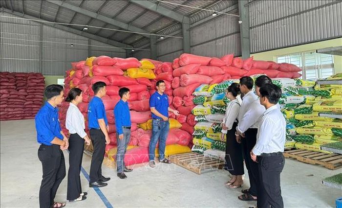Anh Trần Minh Thuần (thứ 5, từ trái qua) chia sẻ kinh nghiệm khởi nghiệp cho các bạn trẻ. Ảnh: TTXVN phát