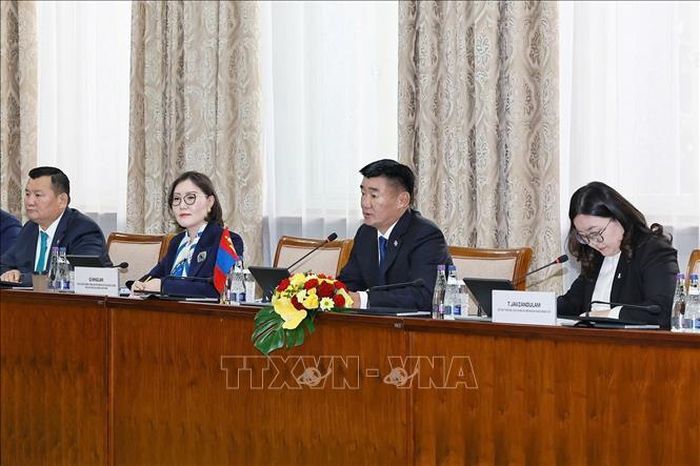 Chủ tịch Quốc hội Mông Cổ Sandag Byambatsogt phát biểu tại cuộc hội đàm với Chủ tịch Quốc hội Trần Thanh Mẫn. Ảnh: Doãn Tấn/TTXVN