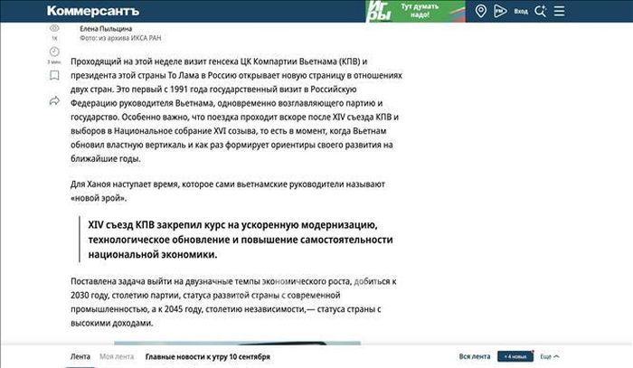 Bài viết trên trang kommersant.ru. Ảnh: TTXVN phát