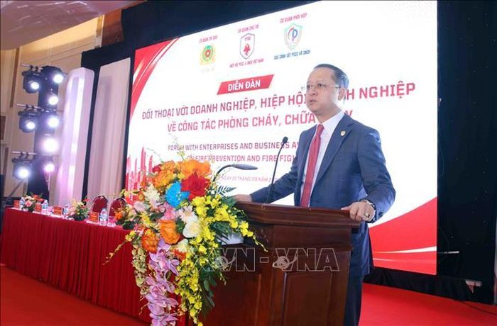 Chủ tịch Hiệp hội PCCC và CNCH Việt Nam Nguyễn Đỗ Tùng Cương phát biểu. Ảnh: Phạm Kiên/TTXVN