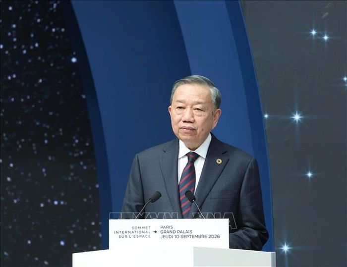 Tổng Bí thư, Chủ tịch nước Tô Lâm phát biểu tại Phiên chính thức Hội nghị Thượng đỉnh Không gian vũ trụ. Ảnh: Thống Nhất/TTXVN