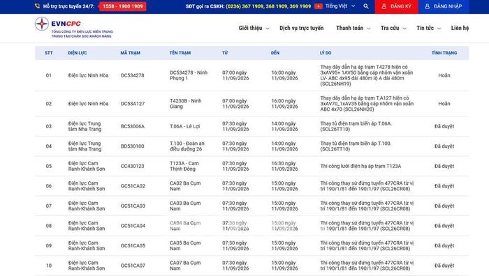 Lịch cắt điện Khánh Hòa ngày mai 11/9 trên website của EVNCPC cập nhật 12h00 ngày 10/9. Ảnh: Bnews/vnanet.vn