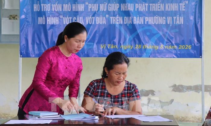 Chủ tịch Hội LHPN phường Vị Tân hỗ trợ hội viên đăng ký tham gia mô hình phát triển kinh tế. Ảnh: Nguyễn Hằng - TTXVN